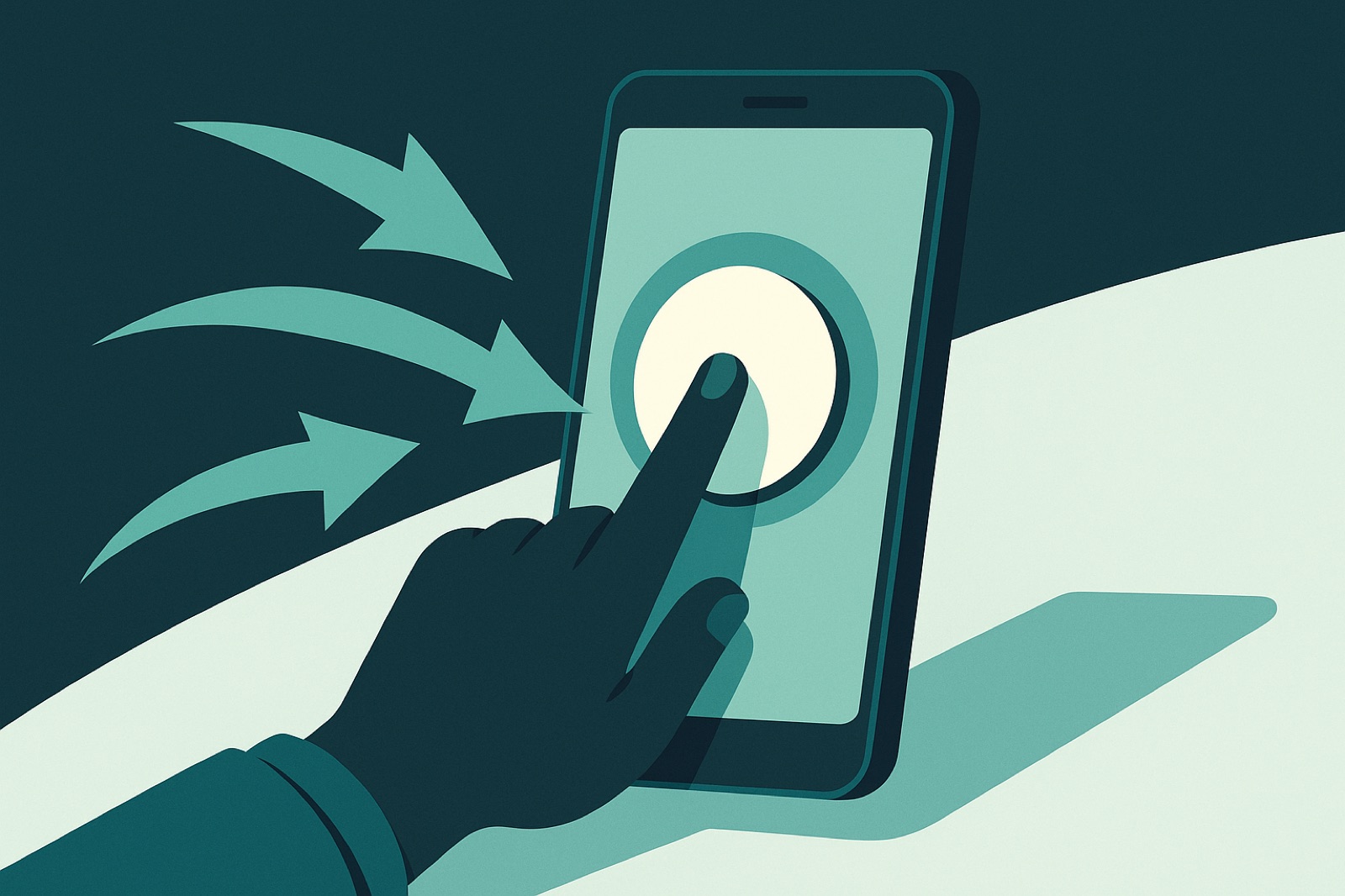 Flat teal illustration of a hand pressing a glowing button on a phone with response arrows, symbolising direct response marketing