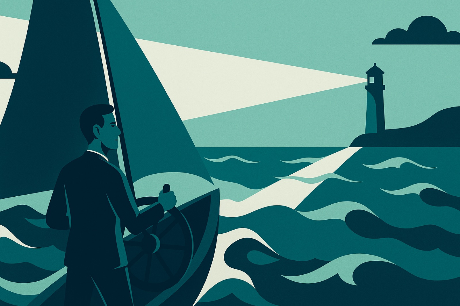 Flat vector illustration of a businessperson steering a small sailboat through stormy waves toward a lighthouse, symbolising steady Facebook advertising through uncertain economic times