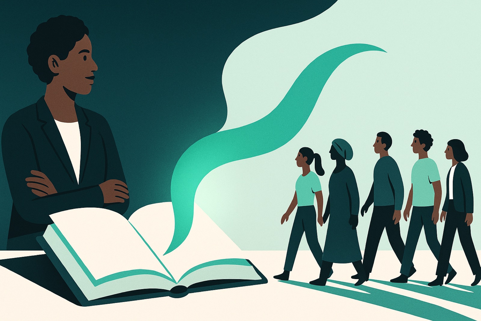 Flat editorial illustration of a storyteller beside an open book with a teal narrative ribbon drawing a crowd of customers toward it