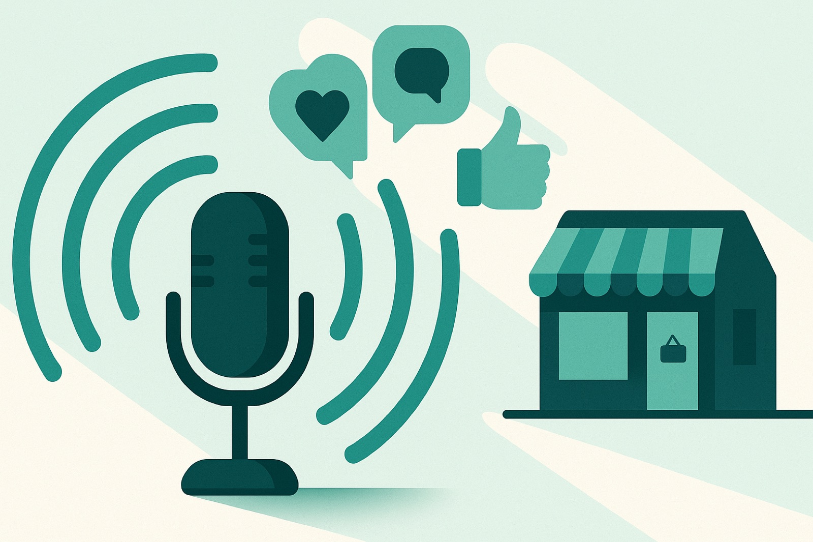 Flat teal illustration of a podcast microphone with sound waves turning into social media icons flowing toward a small storefront