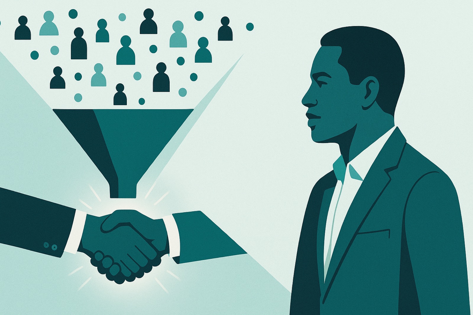 Flat editorial illustration of a funnel turning scattered leads into a closed sale handshake