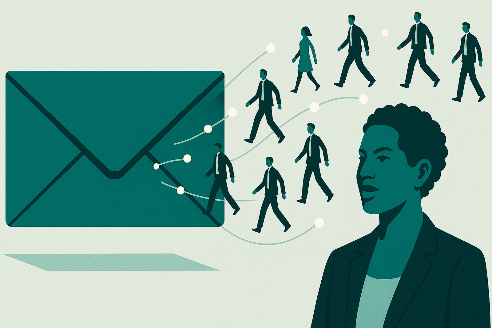 Flat teal illustration of an envelope drawing in business-person figures along connection lines, representing cold email attracting B2B leads