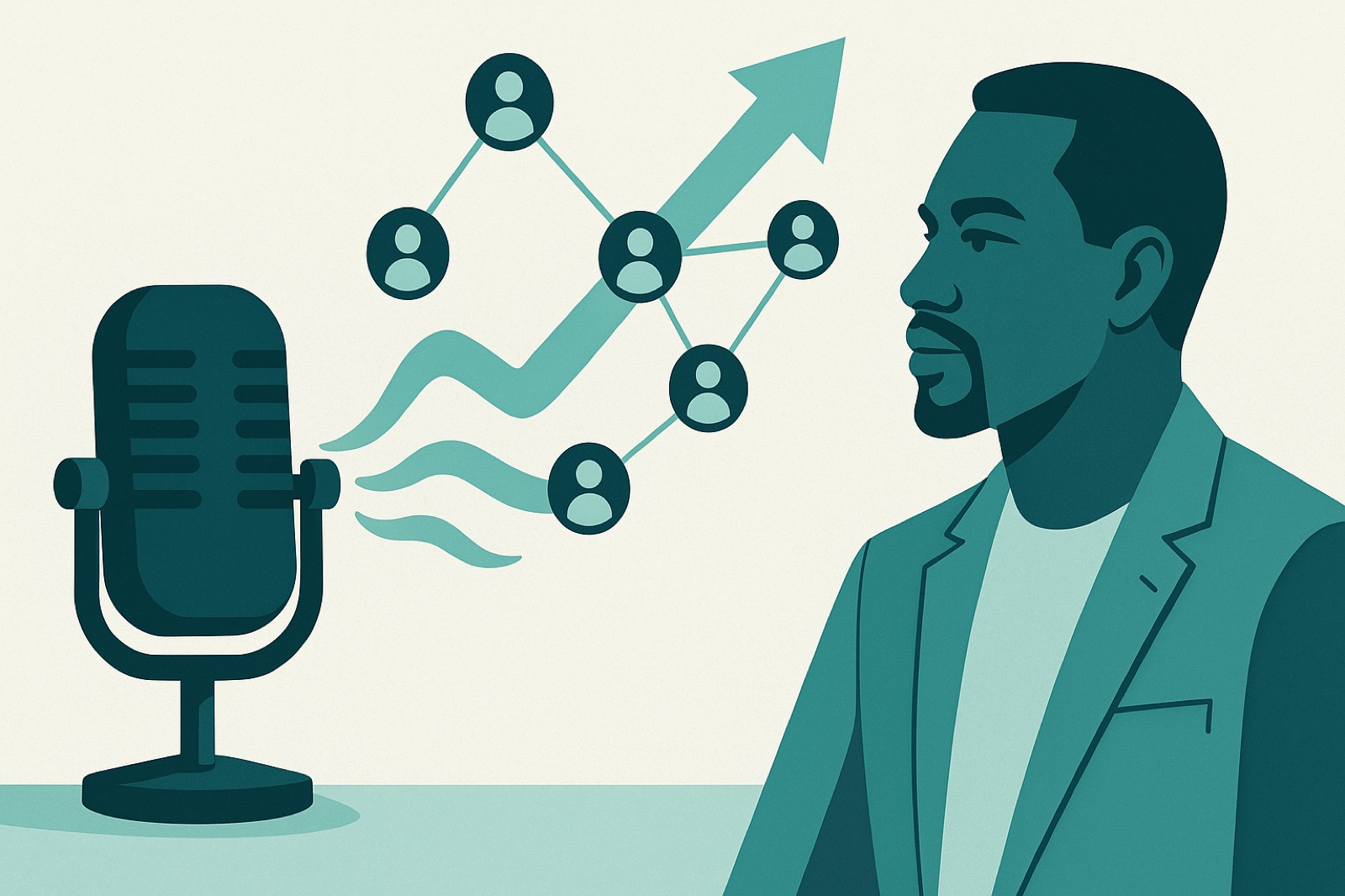 Flat teal illustration of a podcast microphone with sound waves rising into a growth arrow and a network of professional connection nodes, beside a person speaking