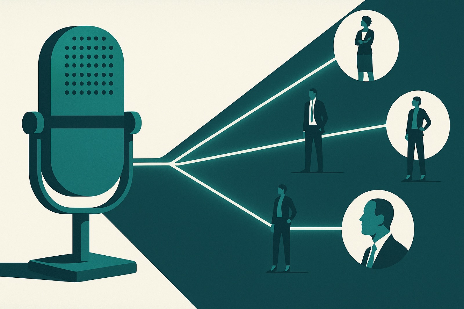 Flat teal vector illustration of a studio podcast microphone connected by lines to a network of business professionals, representing B2B advertising on LinkedIn.