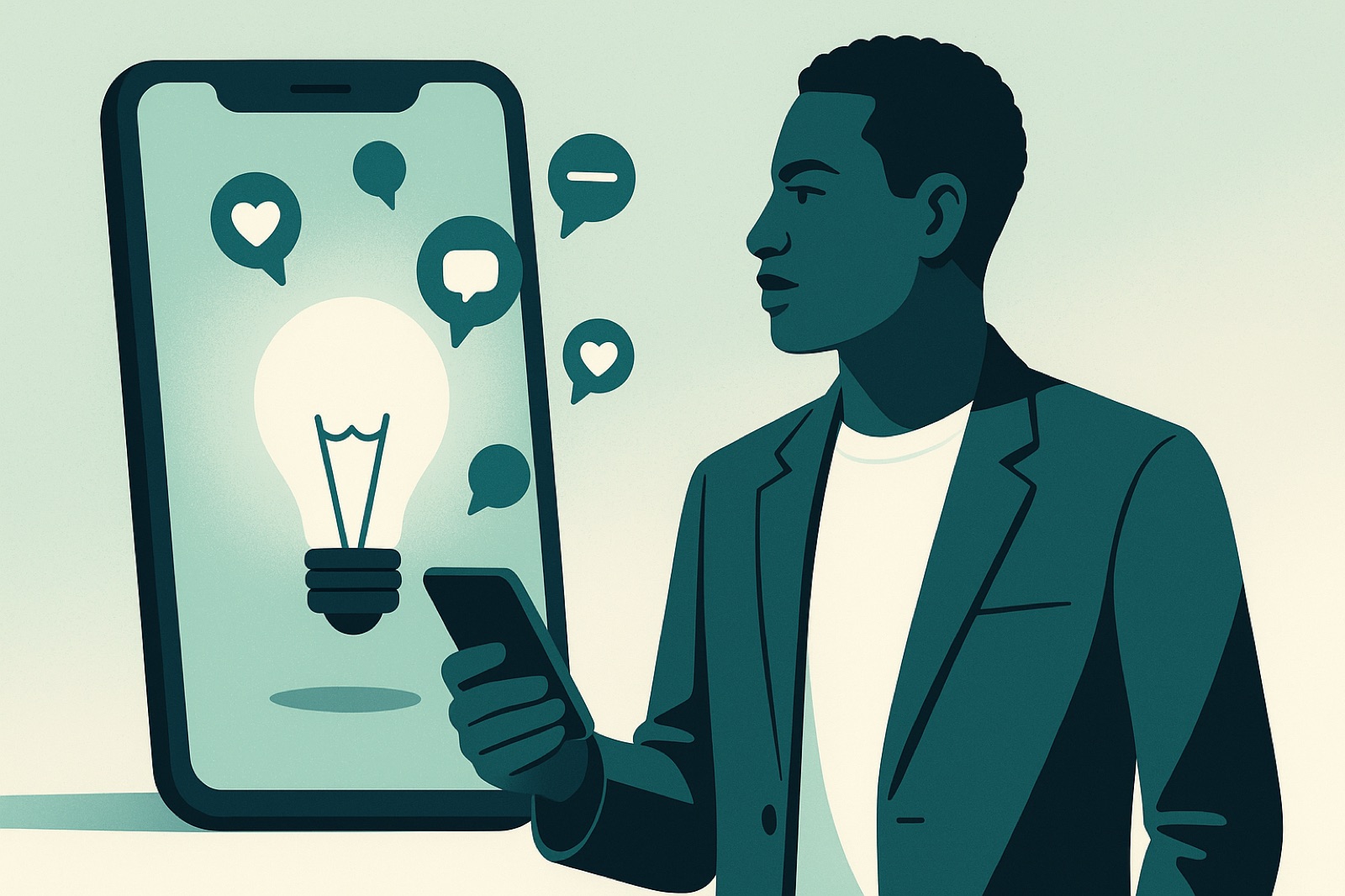 Flat vector illustration of a person looking at a smartphone showing a lightbulb idea surrounded by social media reaction bubbles, representing testing a business idea on social media before launch