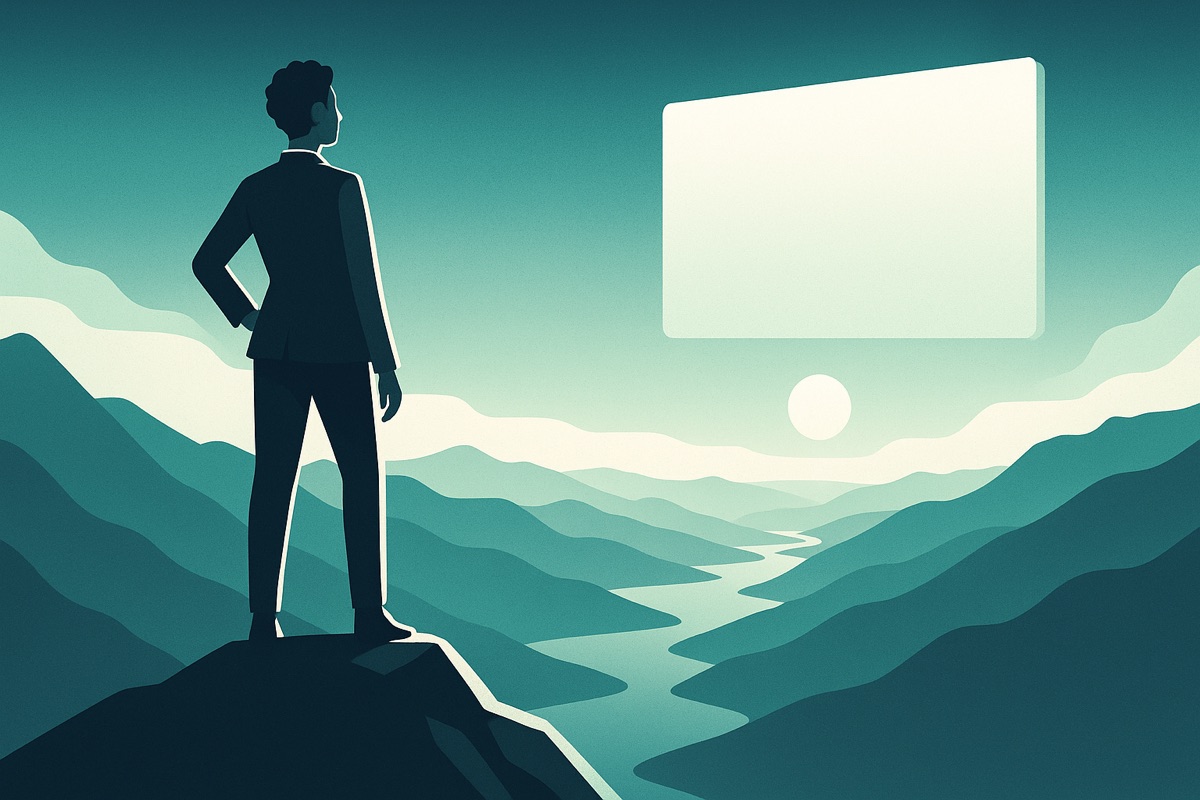 A founder standing on a mountain summit looking toward the top 1 percent