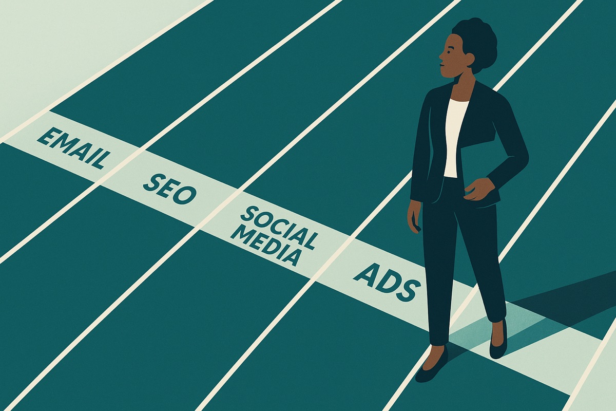 Marketing channels being tested side by side like running track lanes, each path measured independently
