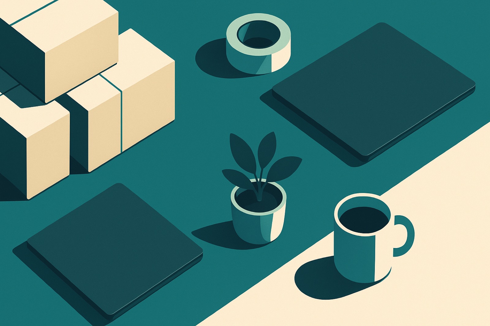 Ecommerce order-fulfilment desk with shipping boxes, packing tape, a laptop and coffee, in V8 Media teal