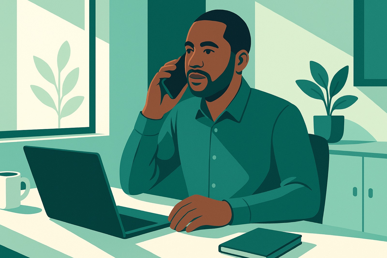 South African service-business owner answering a new lead enquiry on the phone at his desk